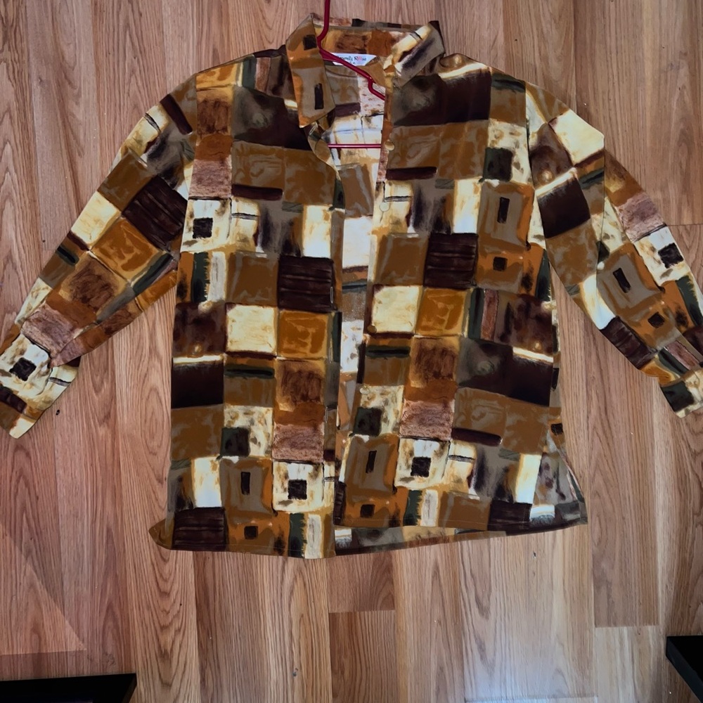 Women's Abstract Patchwork Button-Up Shirt - Brow… - image 2